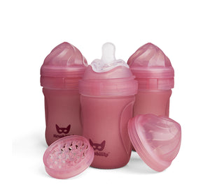 3-pack Nappflaskor i glas 220 ml, värmeindikerande med silikonhölje, Rose