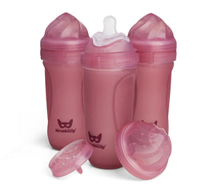 3-pack Nappflaskor i glas 320 ml, värmeindikerande med silikonhölje, Rose